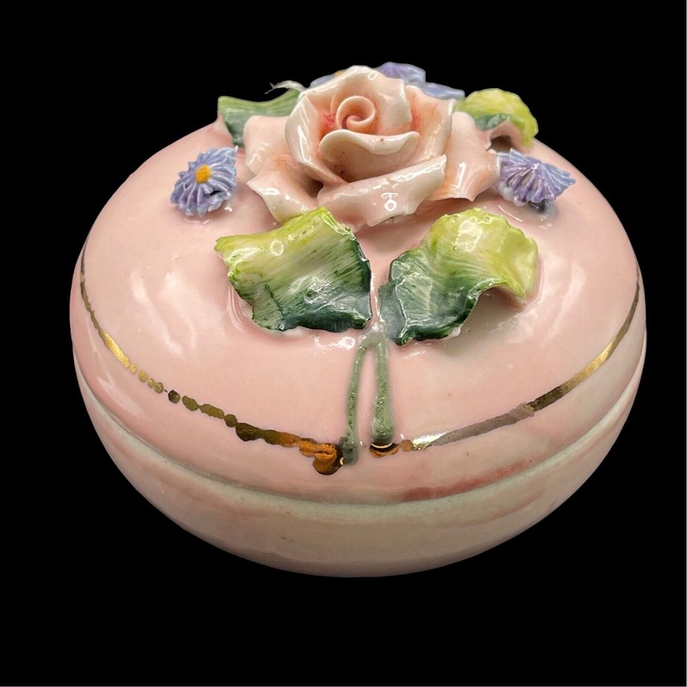 Elfinware Germany Vintage Post 1945 Trinket Box Pink Gilt Round Rose Flowers